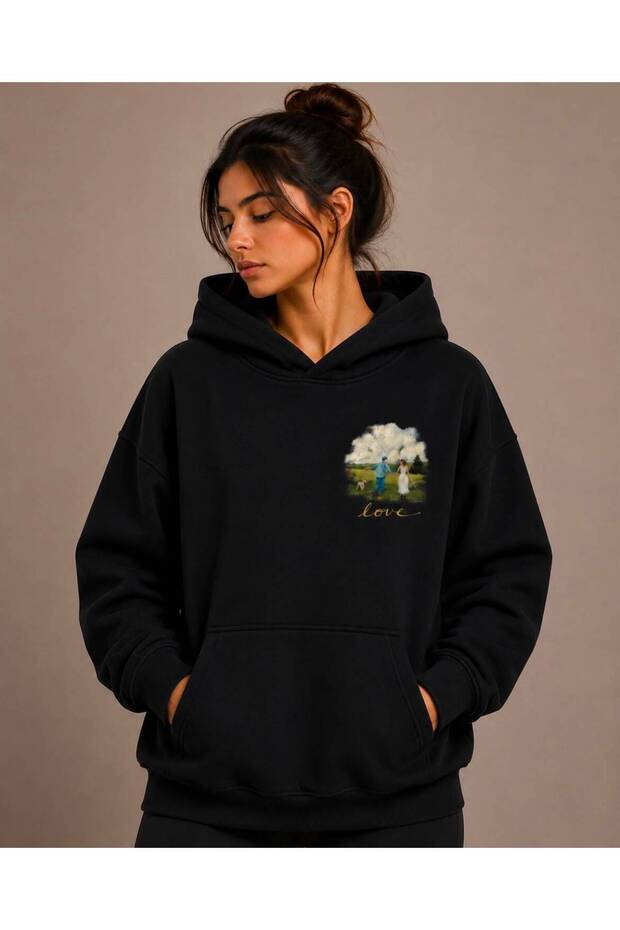 Love Printed Hooded Green Sweatshirt with Kangaroo Pocket and Wool Inside