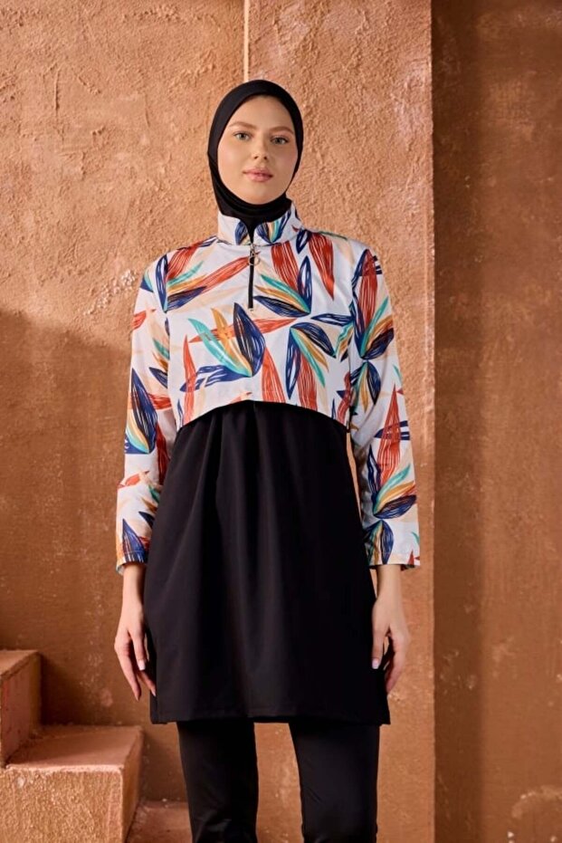 Abstract Leaf Pattern Half Zipper Full Covered Hijab Swimsuit Set
