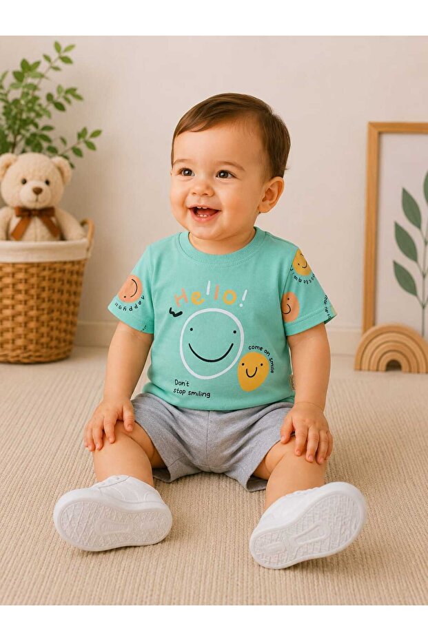 Hello Come on Smile Printed 100% Cotton Combed Cotton Summer Unisex Baby Set