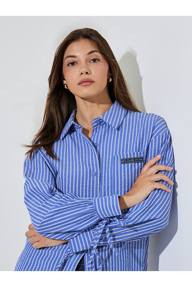 Blue Longline Striped Shirt with Tie-Cuff