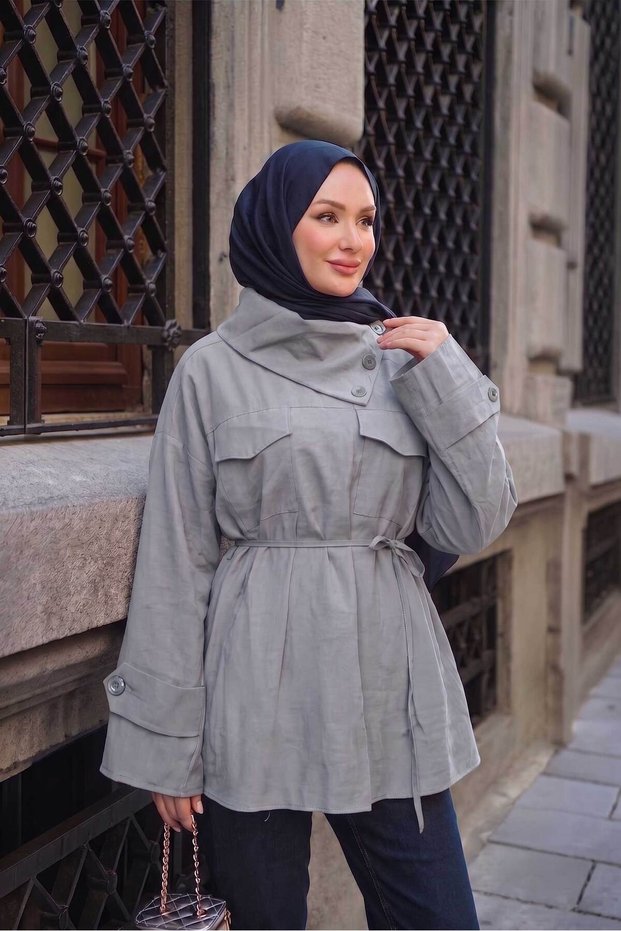 Women's Double Pocket Collar Shirt with Side Button Detail and Waist Tie, Cupra Shirt, Gray