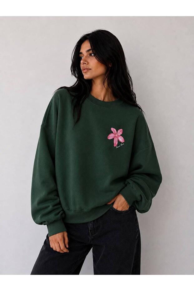 Women's Pink Floral Printed Crew Neck Sweatshirt