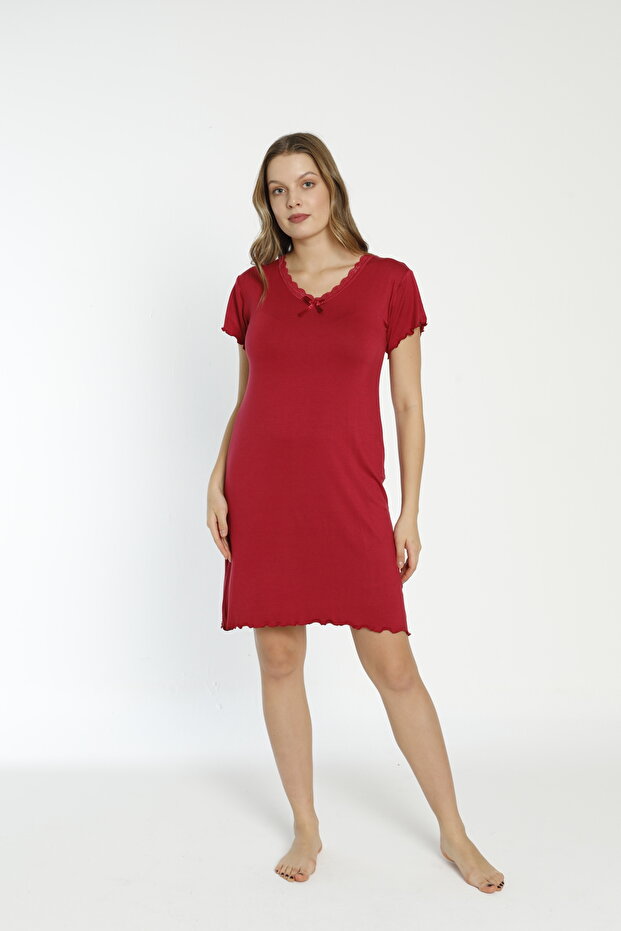 Women's Lace Detailed V-Neck Short Sleeve Combed Cotton Nightgown / Plus Size