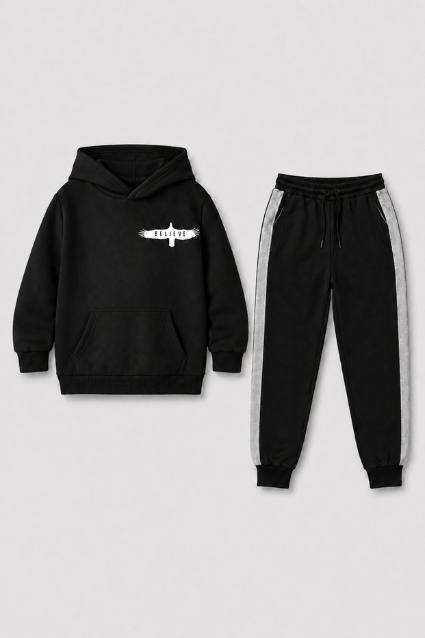 Believe Lettering Bird Character Printed Unisex Children's Tracksuit Set with Kangaroo Pockets