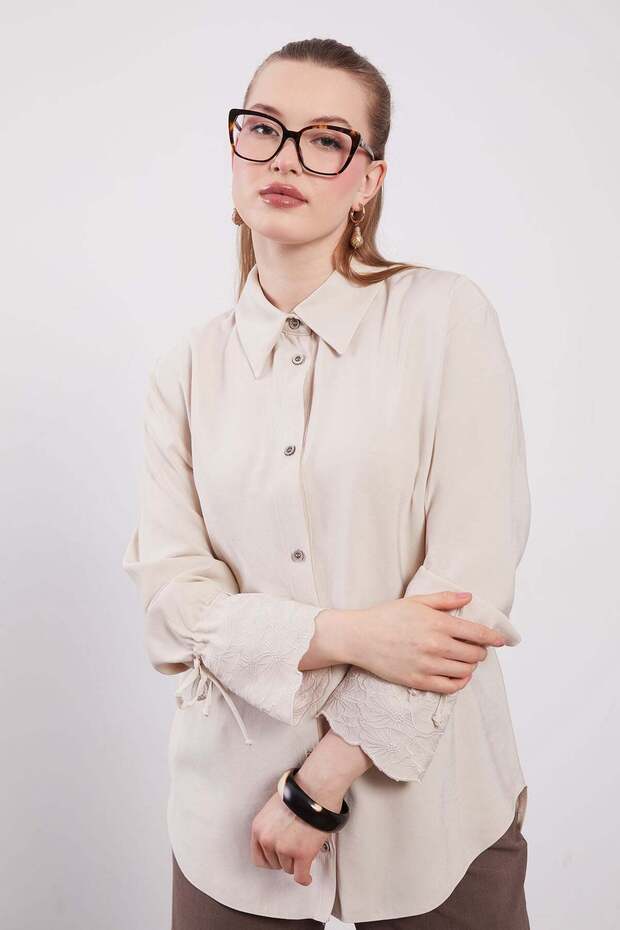 Beige Sleeve Lace and Lacing Detailed Shirt