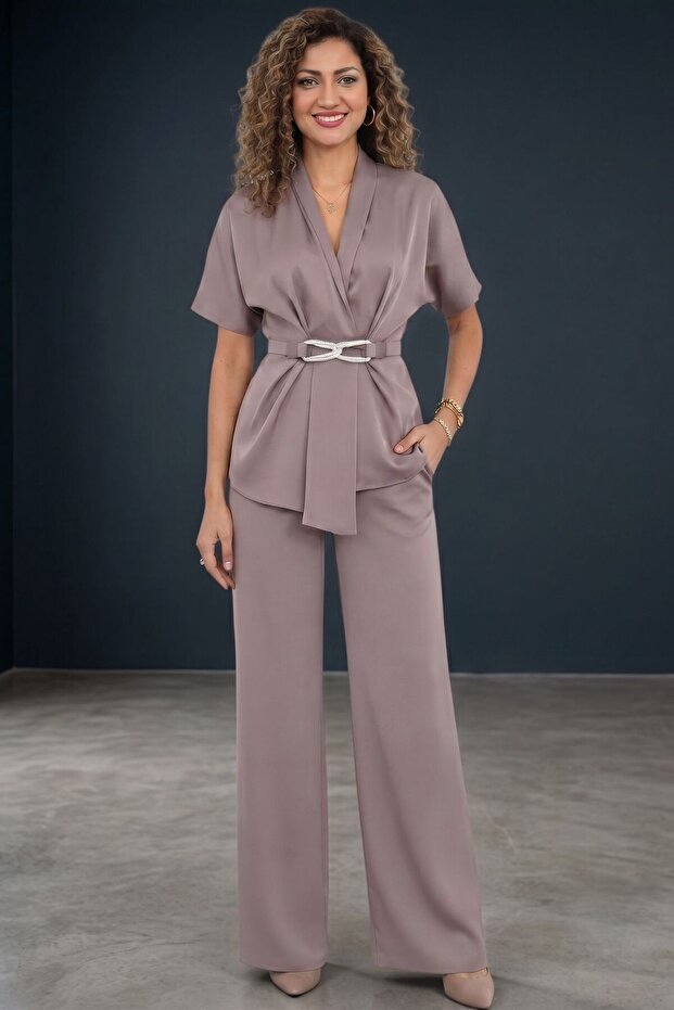 Women's Crepe Satin Classic Office Set Double Breasted Jacket Trousers Two-Piece Set 36059