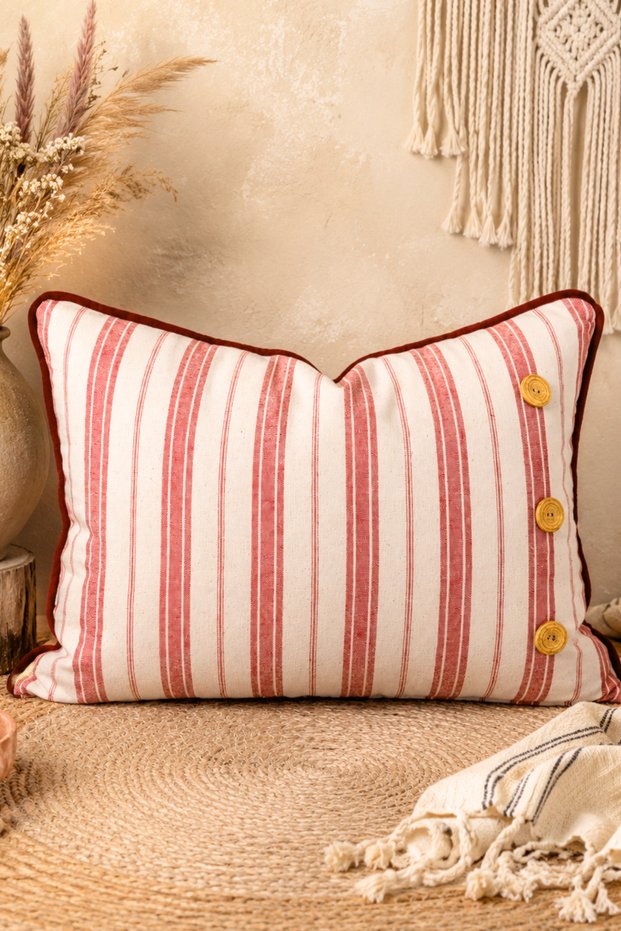 30X50 cm Red Striped Linen Decorative Throw Pillow with Silicone Filling and Wooden Button Detail - Bohemian Pillow