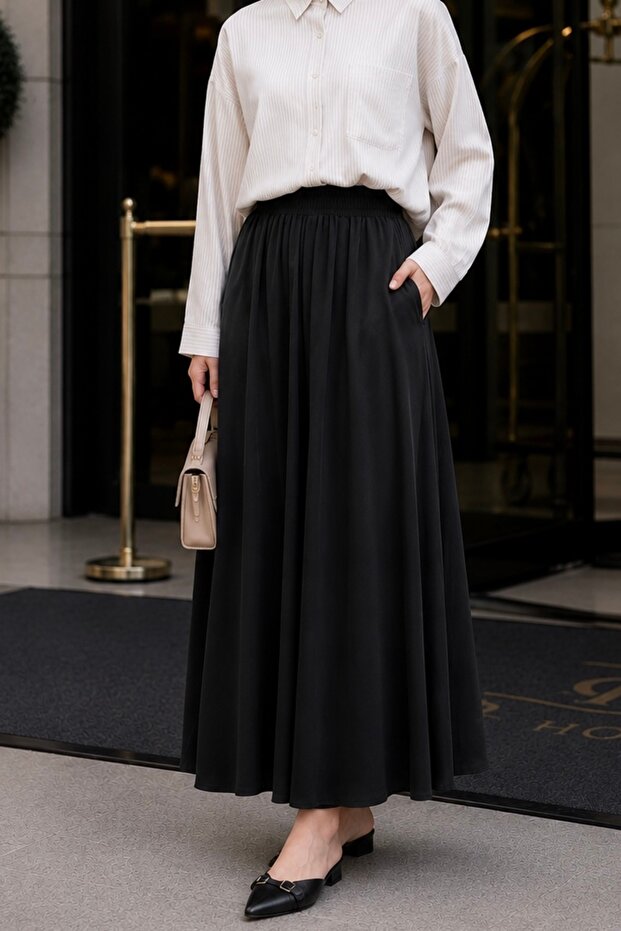 Black Tencel Skirt with Elastic Waist and Pockets