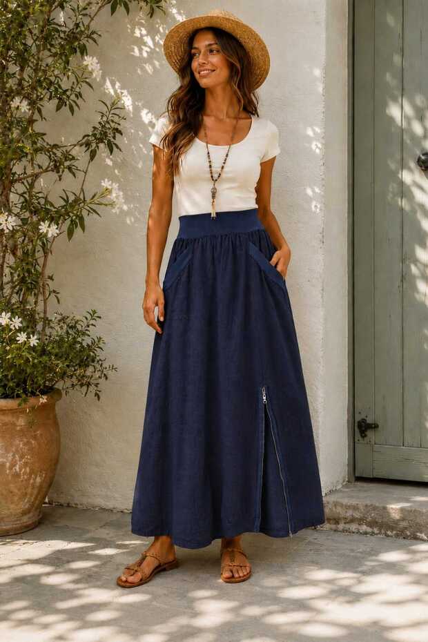 Women's Zipper Detailed Elastic Waist Italian Linen Skirt with Pockets