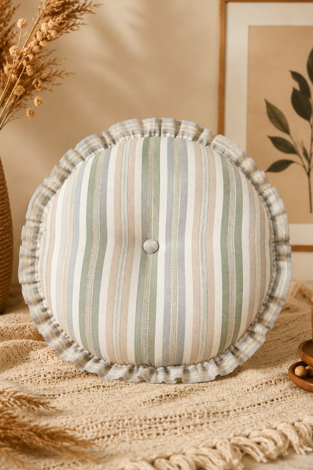 45 cm Round Ruffled Throw Pillow – Pastel Striped Linen Look Silicone Filled Decorative Pillow - Bohemian Pillow
