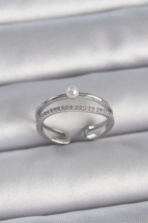 Brass Silver Color Zircon Stone Pearl Detail Adjustable Model Women's Ring