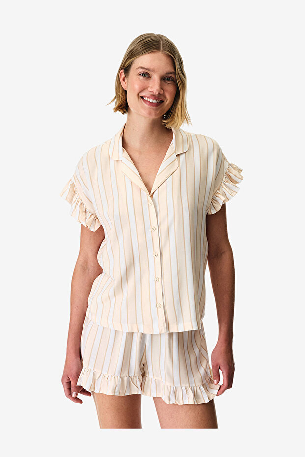 Women Quinn Striped Short Sleeve Shirt Shorts Beige Set