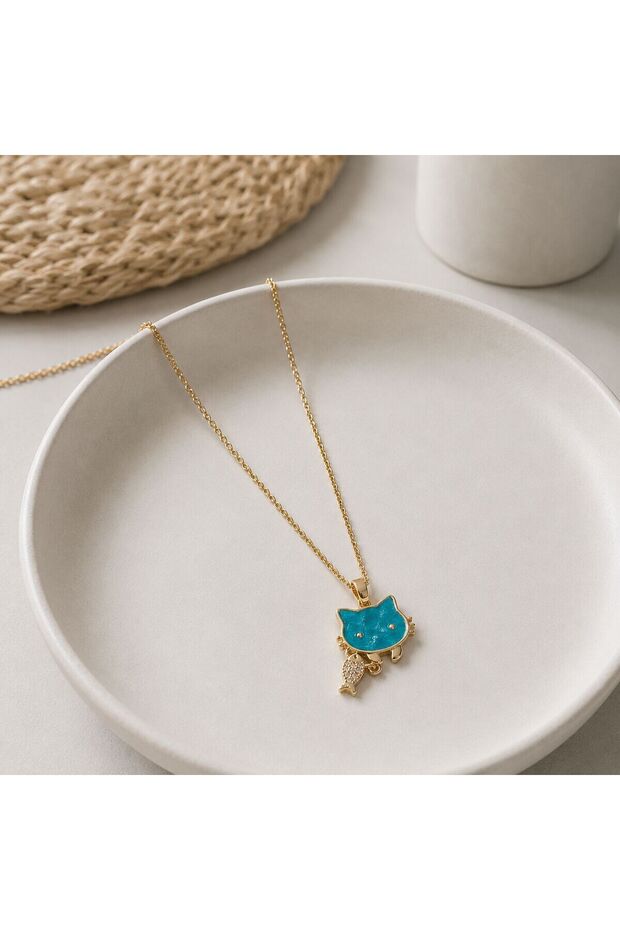 Kly-1052 |   Turquoise Cat Figured Fish Charm Necklace |   Eos Collective