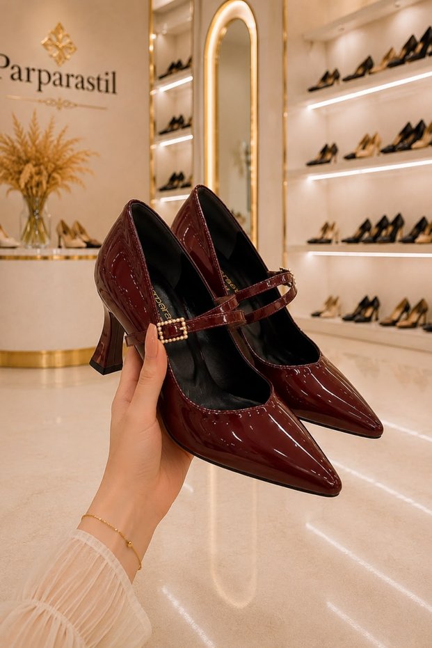 Camila Women's Burgundy Patent Leather Pearl Buckle Strap Pointed Toe 6.5 cm Heeled Shoes