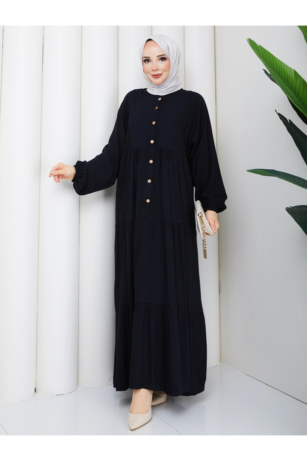 Half Button Viscose Layered Casual Dress - Black / E0134