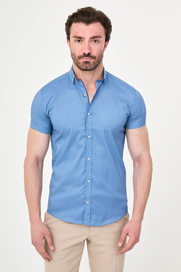Textured Slim Fit Short Sleeve Men's Shirt Blue - 37198.20Y