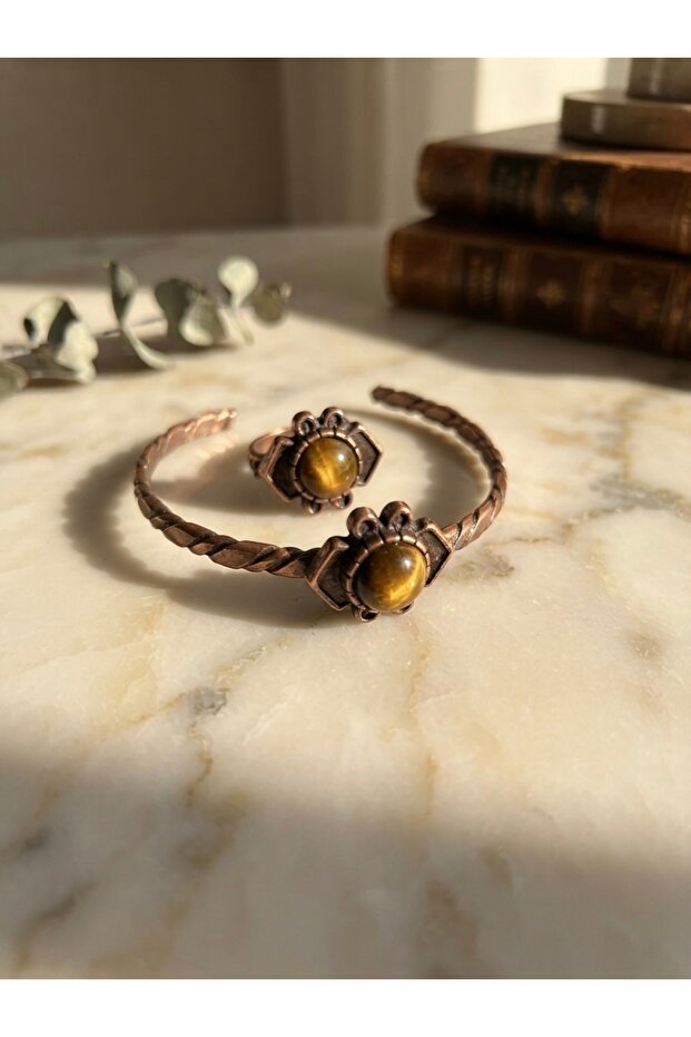Copper Bracelet and Ring Set with Tiger's Eye Natural Stone and Twisted Detail