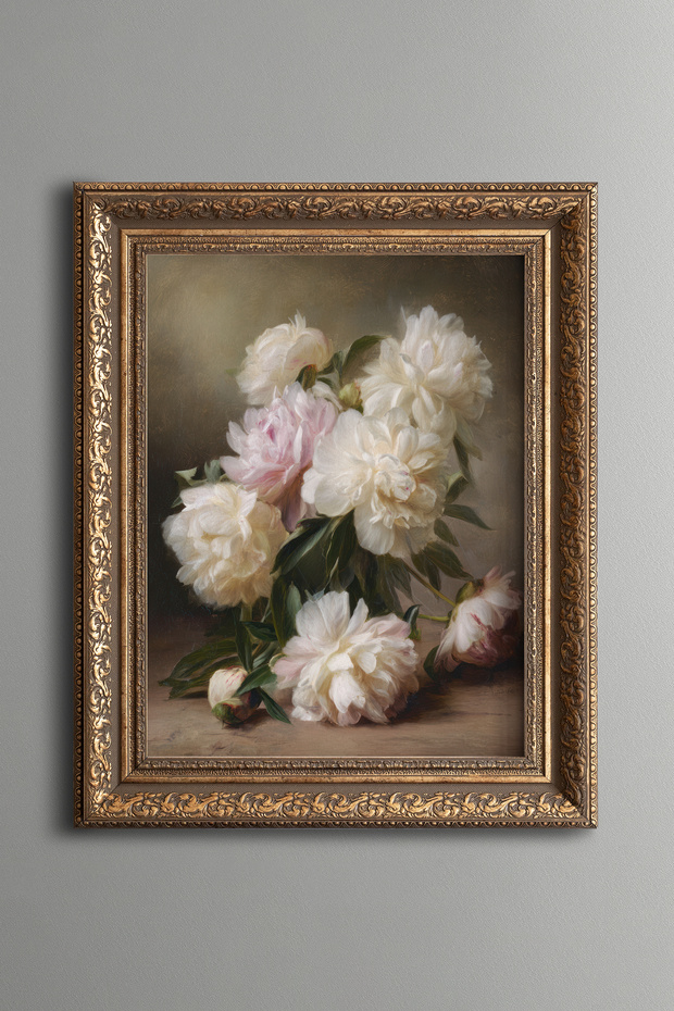 White Peony Bouquet – Vintage Patterned Painting – Thick Model