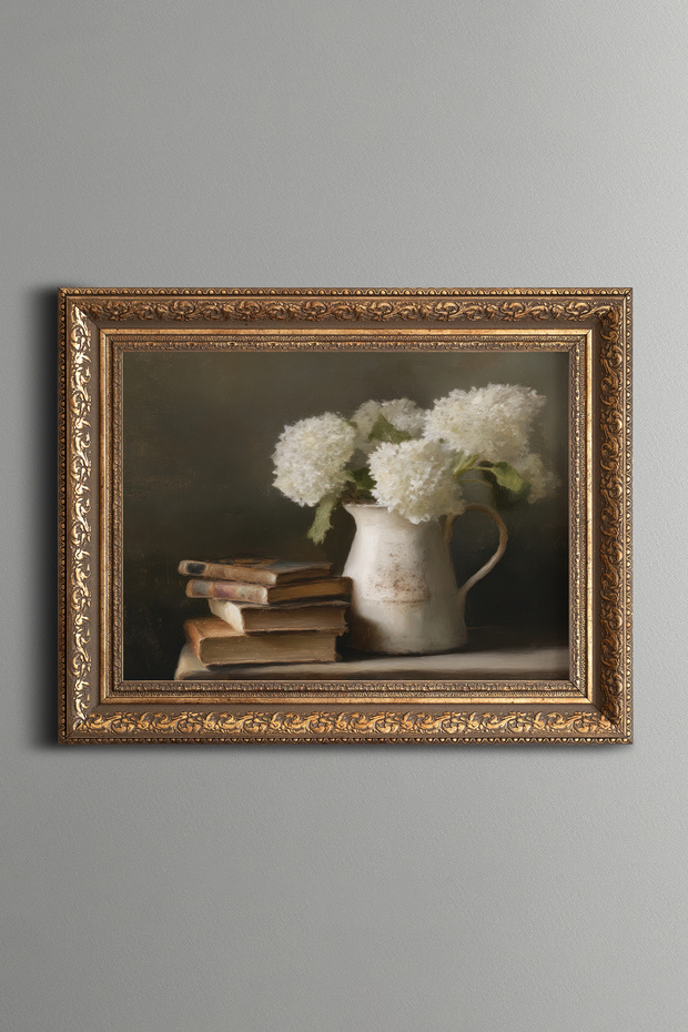 White Hydrangeas and Books Still Life - Vintage Patterned Painting - Thick Model