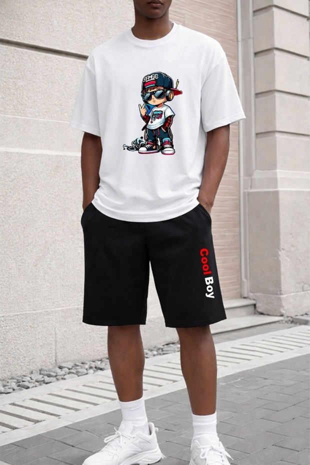 Unisex Oversize T-Shirt Shorts Set Black Summer Comfortable Fit Daily Street Style 2-Piece Set Cool Boy Printed