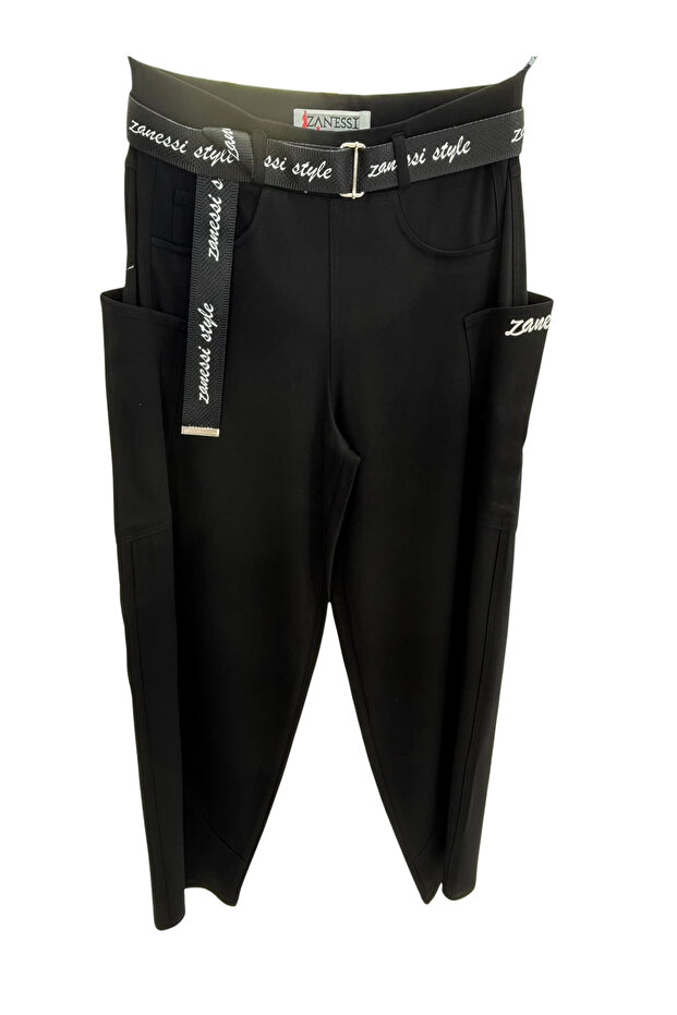 Plus Size Belted Knitted Women's Trousers with Pocket Detail