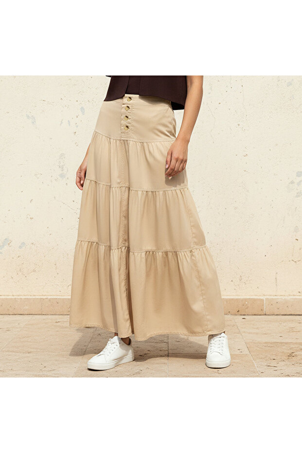 Maxi Length Cotton Tiered Skirt with Button Detail