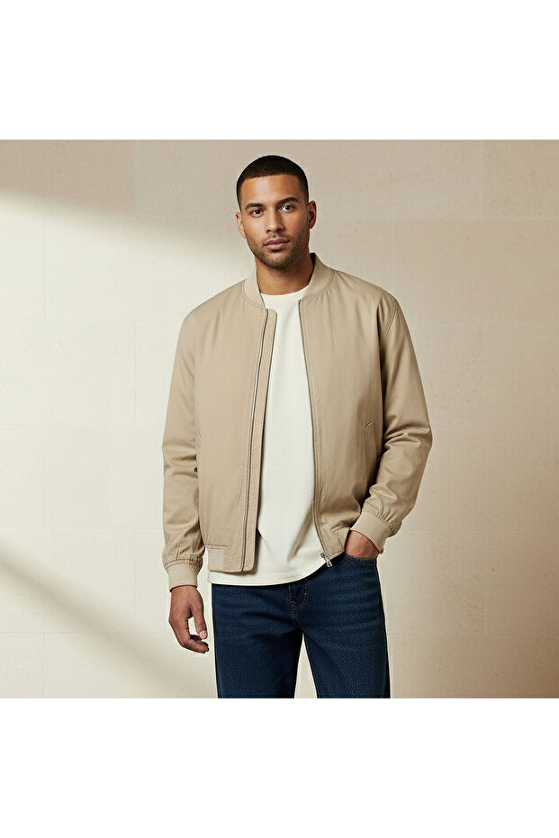 Men Regular Fit Twill Bomber Jacket