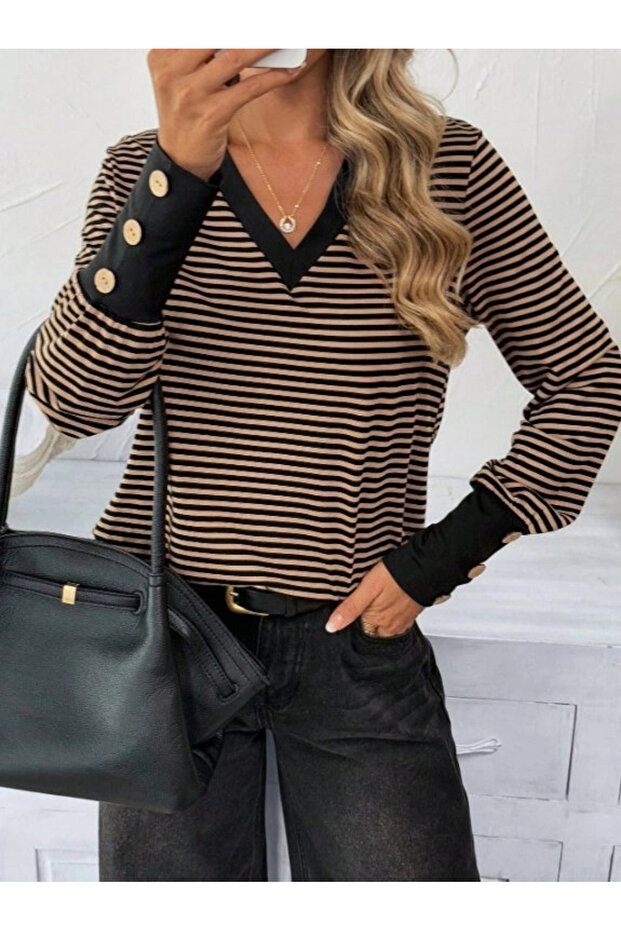 Women's Long Sleeve V-Neck Single Jersey Blouse