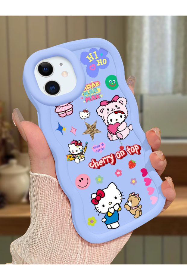 iPhone 12 Compatible Case Camera Protector Blue Silicone Couple Phone Case Kitty Pattern