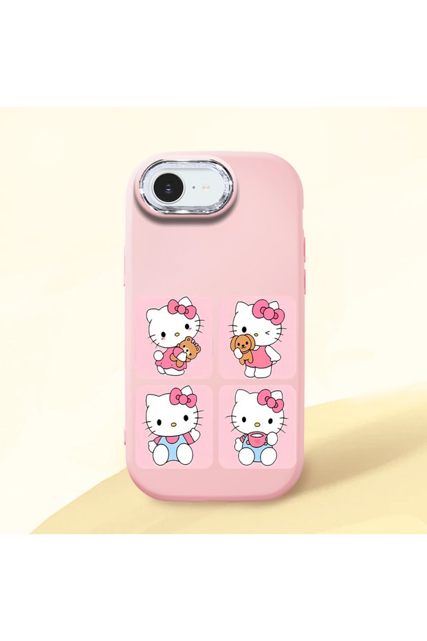 iPhone 17E Compatible Case Camera Protector Pink Silicone Couple Phone Case with Kitty Pattern