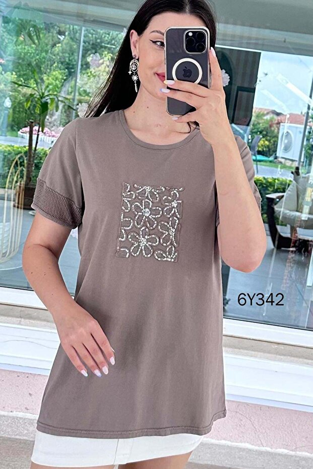 بلوزة من قماش القطن القابل للغسل بتفاصيل شبكية 6y342