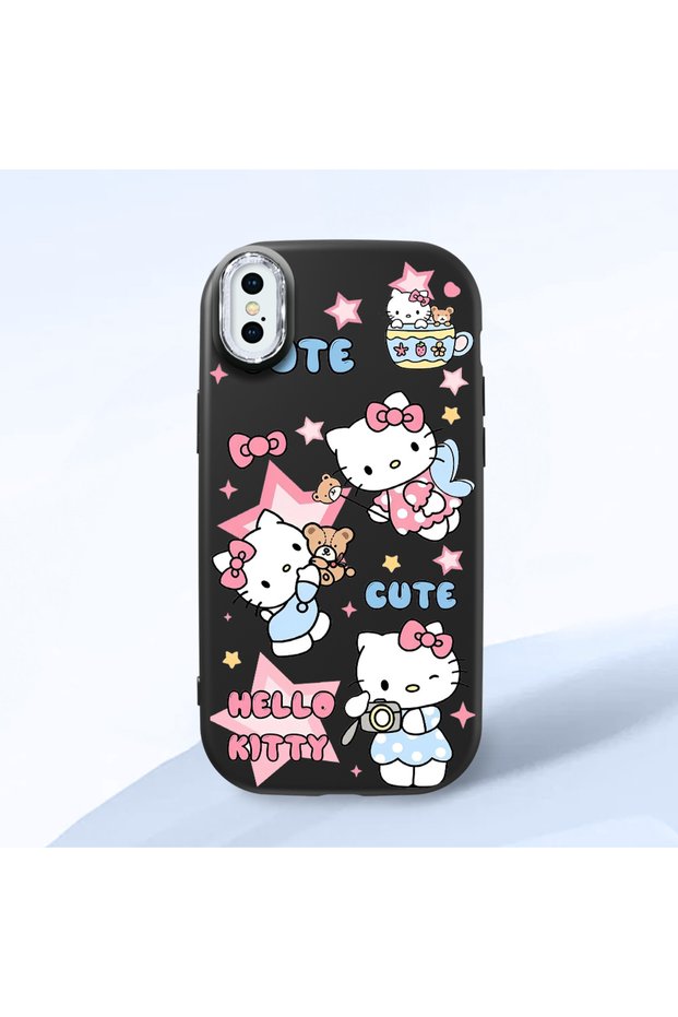 iPhone X Compatible Case with Camera Protector Black Silicone Couple Phone Case with Kitty Pattern
