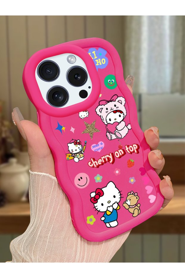 iPhone 16 Pro Max Compatible Case with Camera Protector Red Silicone Couple Phone Case Kitty Pattern