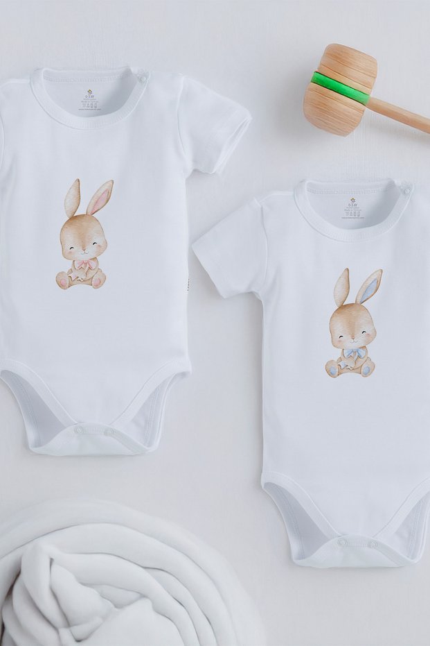 Organic 100% Cotton Cute Blue Pink Design 2-Piece Baby Bodysuit for Twins 1334-1335