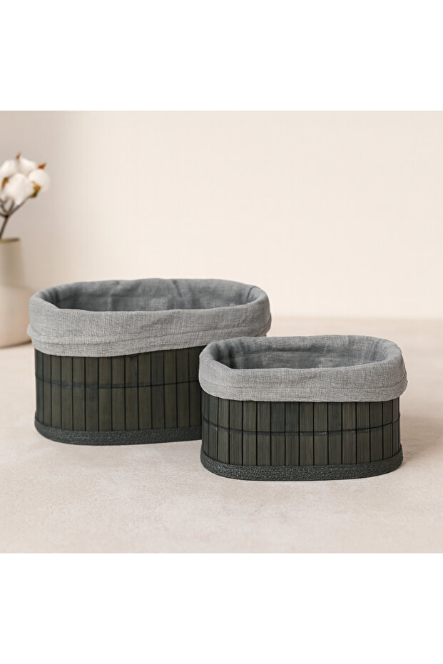 Bamboo Edged Oval Organizer Basket (Wooden Base, Fabric) 21X14-25X16 cm