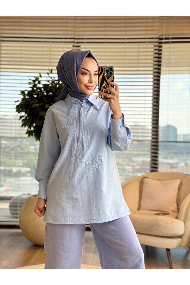 260136 Zipper Detailed Embroidered Shirt Blue