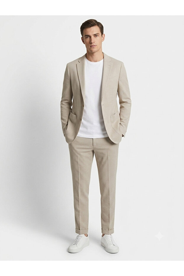 Men's Beige Linen Suit - Sporty Cut Summer Linen Suit