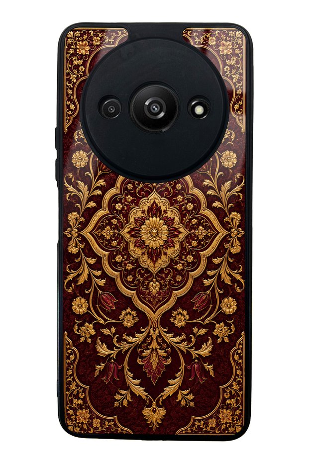 Xiaomi Redmi A3 Burgundy Glossy Phone Case with Ottoman Gold Design