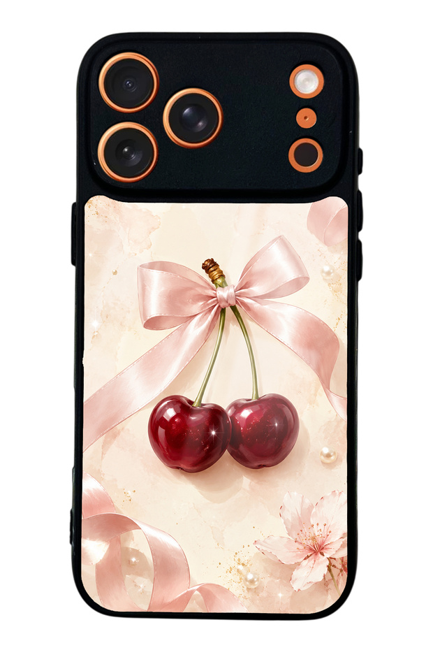 iPhone 17 Pro Max Glossy Phone Case with Cherry Pearl Ribbon Design