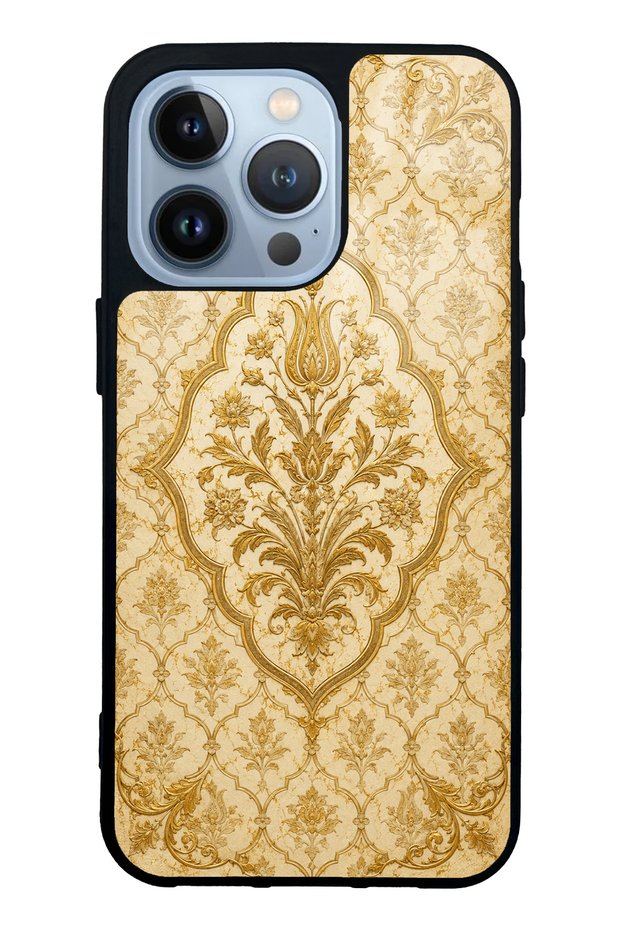 iPhone 13 Pro Ivory Glossy Phone Case with Ottoman Gold Design