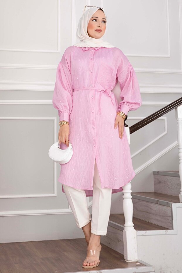 Self Sequined Lace-Up Long Shirt Tunic Pink