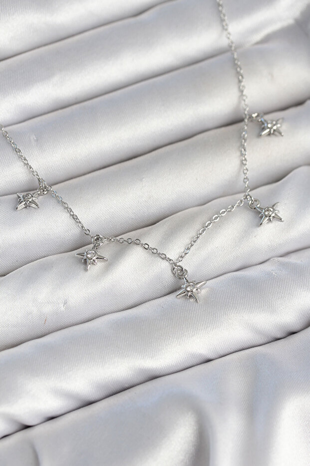 Brass Silver Color Row Minimal Pole Star Model Women's Necklace