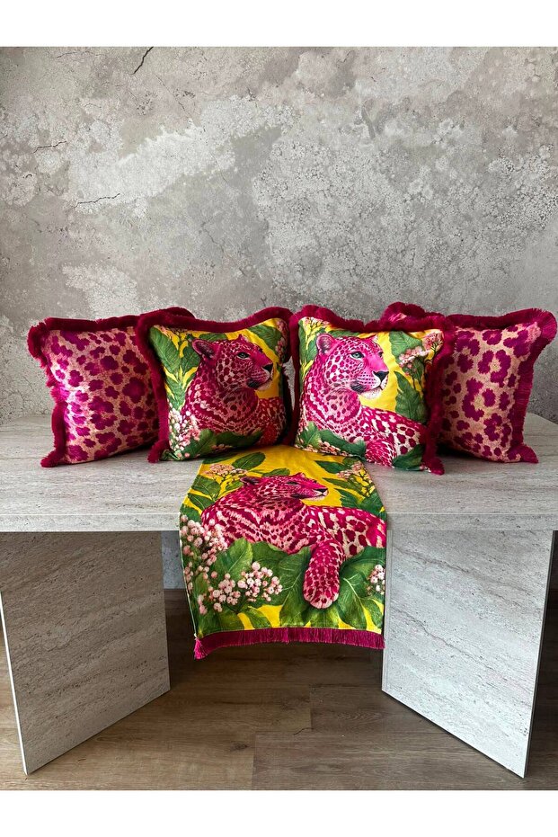 Leopardo Series, Suede Fringed 5-Piece Combination Throw Pillow Cover and Runner