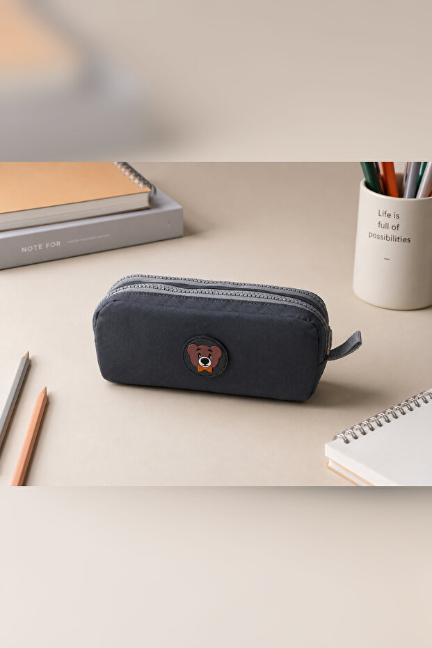 Unisex Gray Pen Holder, Double Compartment Pen Case, Teddy Bear Logo, 20X10X5Cm