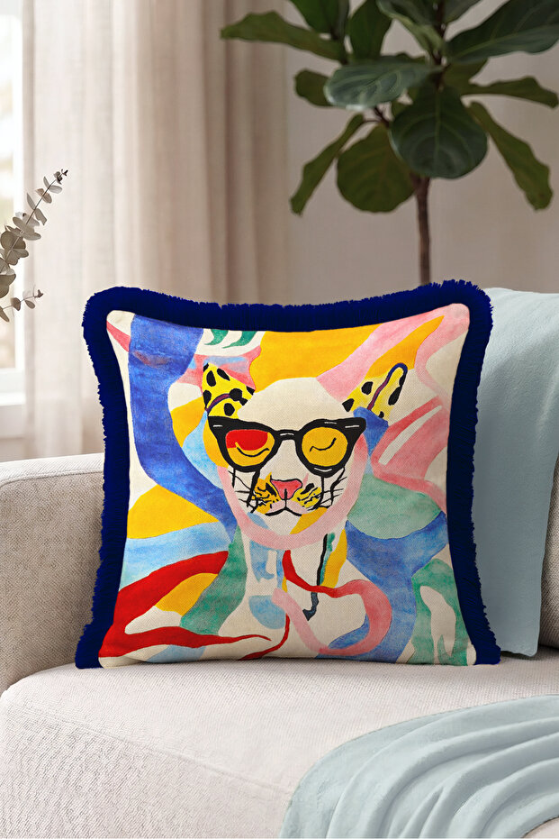 Pop Art Cat Figured Colorful Fringed Pillowcase - Abstract Blue Navy Tassel Throw Pillow Cover