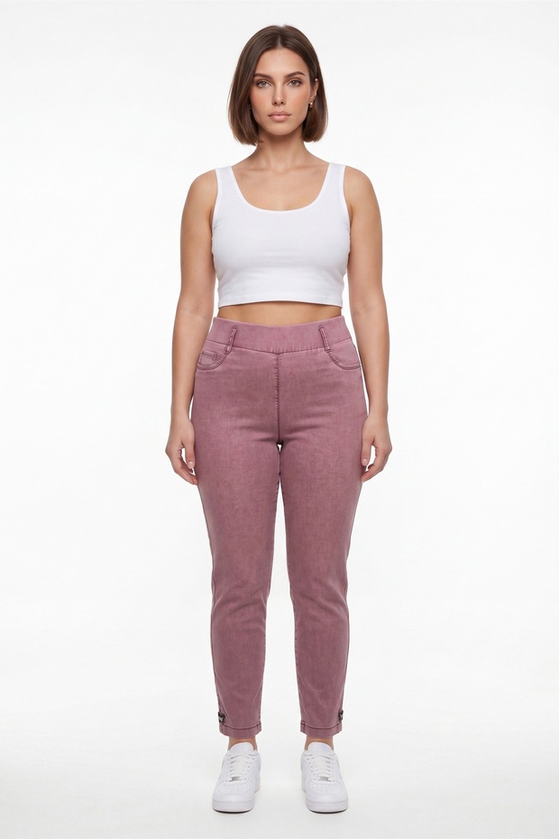 Women's Burgundy Summer High-Waisted Trousers with Embroidered Cuffs and Pockets 42-48