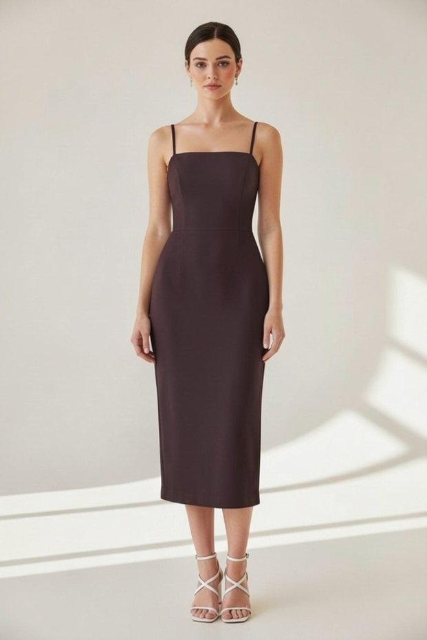 Square Neck Scuba Midi Dress Slim Fit Slit Zipper Wedding Wedding Women's Dress
