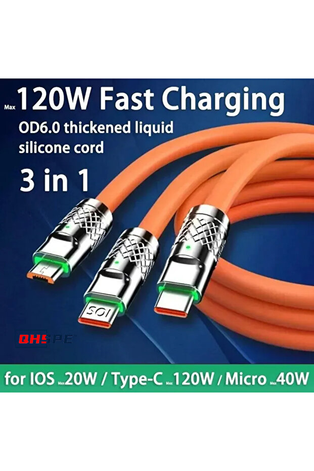 كابل شحن سريع 120 واط 6 أمبير من النوع C مع 3 منافذ مايكرو USB لأجهزة آيفون وشاومي