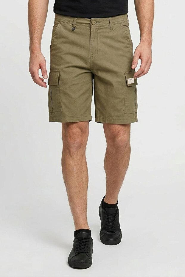 Men Embroidered Logo Cargo Shorts, Olive