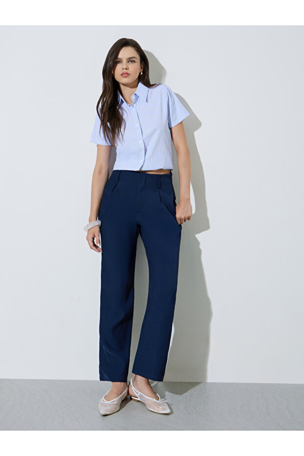 Navy Blue Solid Mid Rise Pants